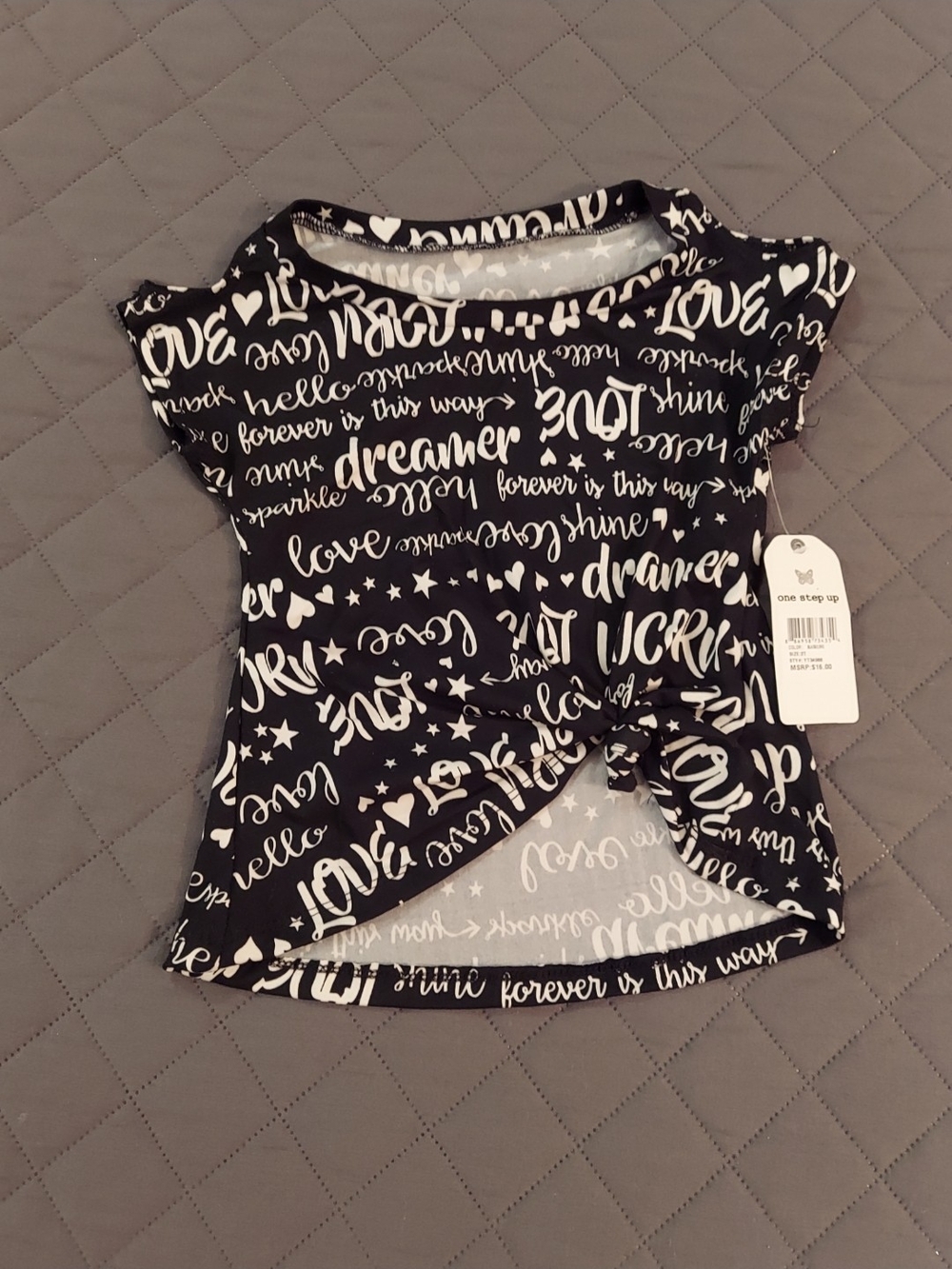 One Step Ahead Black & White Script Knot-Front Tee